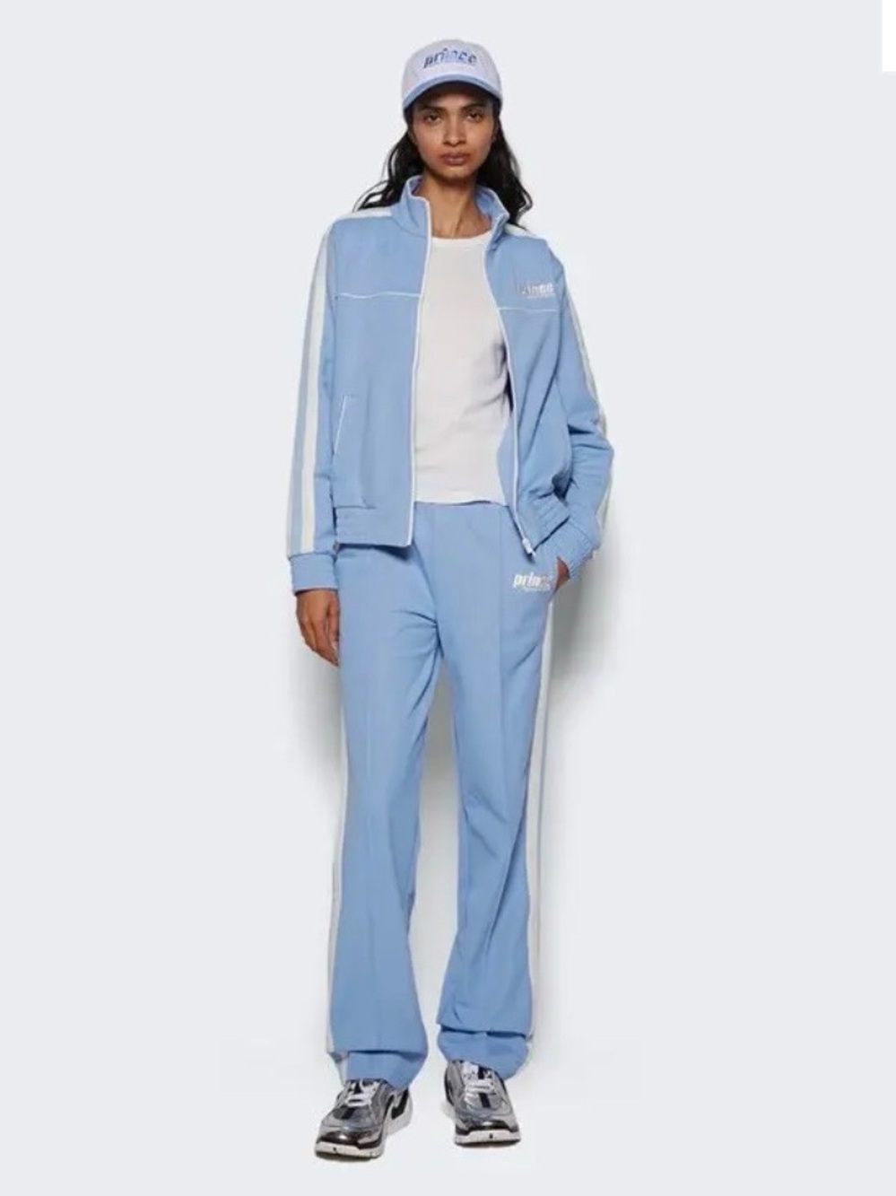 Sporty & Rich Light Blue Track Pants w/White Side Stripes & zip front jkt